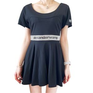Alexander Wang Black Mini Dress Rhinestone Logo Belt Tape Shortsleeves Stretchy